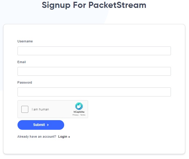 PacketStream sign up interface - PacketStream review