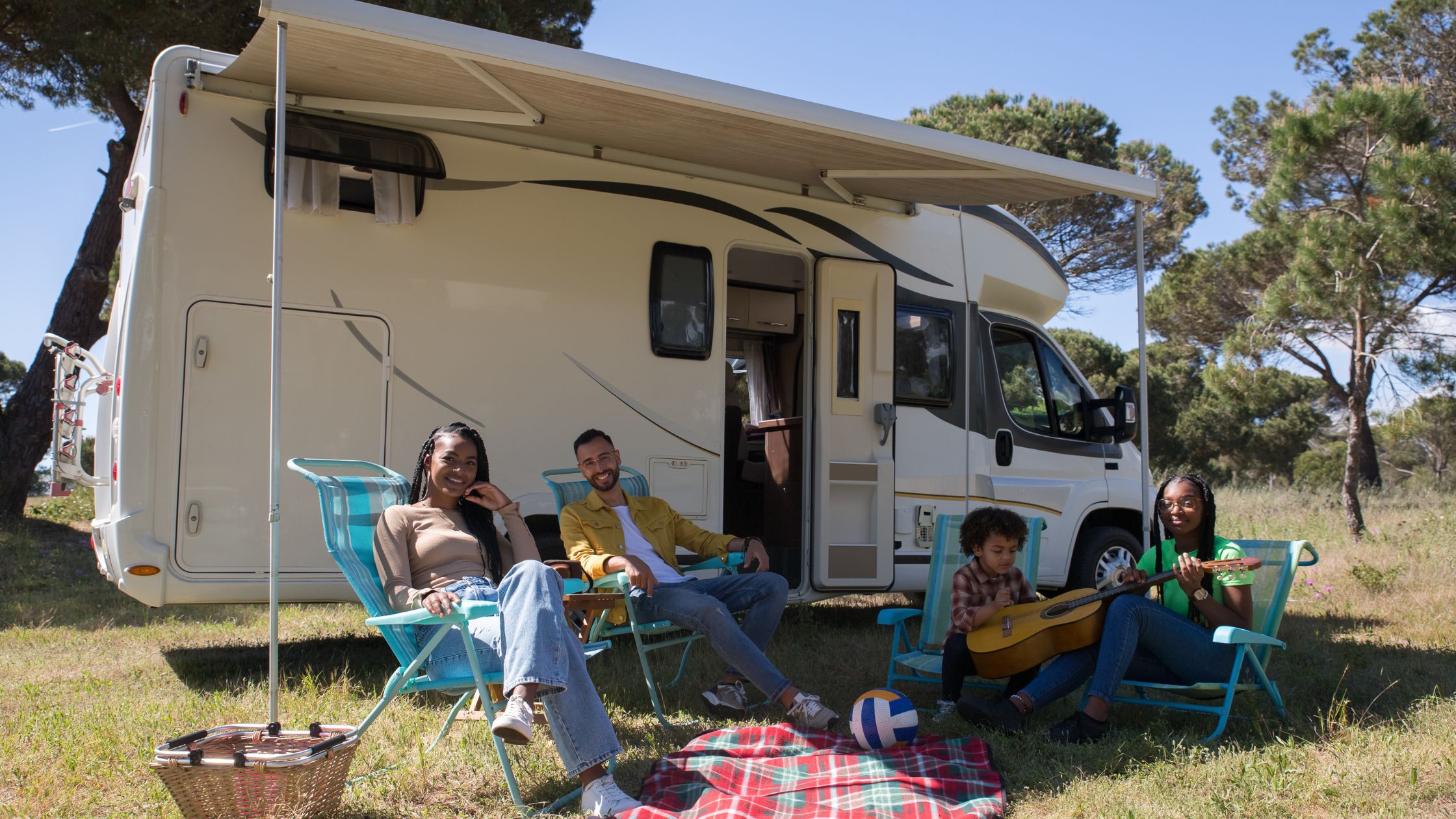 Family having fun in a camper van